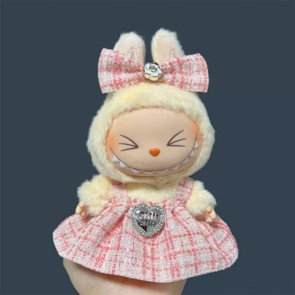 Labubu Clothing – Pink Plaid Tweed Dress & Jeweled Heart Bow Headband
